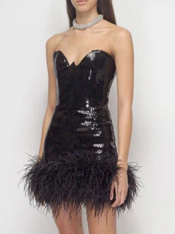 Sequin Party Dresses Black Sleeveless Feathers Semi Formal Short Dress -Dresses Store 202301291747320575129