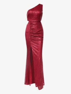 Sequin Long Party Dresses One-Shoulder Cut Out Semi Formal Slit Dress -Dresses Store 202301291748249404971
