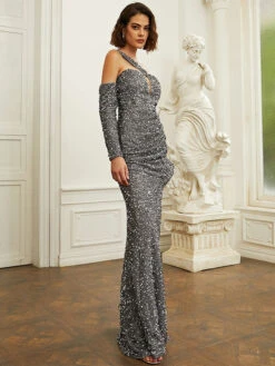 Sequin Party Dresses Gray High-Slit Sexy Semi Formal Prom Dress -Dresses Store 20230130180311591572