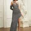 Sequin Party Dresses Gray High-Slit Sexy Semi Formal Prom Dress -Dresses Store 20230130180312235668