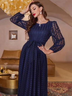 Maxi Dress Dark Navy Long Sleeves Prom Dress For Women -Dresses Store 202301301803350049373