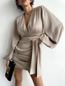 Mini Dresses Purple Long Sleeves Lace Up Polyester Short Dress -Dresses Store 202302081650197721363