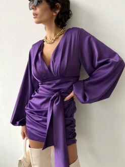 Mini Dresses Purple Long Sleeves Lace Up Polyester Short Dress -Dresses Store 202302081650200572120