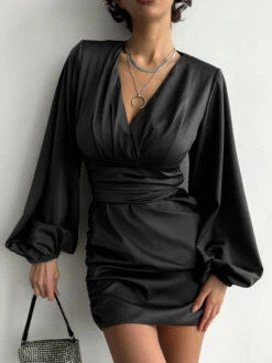 Mini Dresses Purple Long Sleeves Lace Up Polyester Short Dress -Dresses Store 202302081650206425586