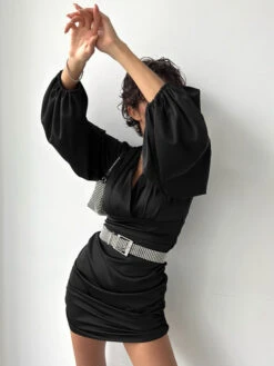 Mini Dresses Purple Long Sleeves Lace Up Polyester Short Dress -Dresses Store 202302081650209355958