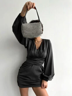 Mini Dresses Purple Long Sleeves Lace Up Polyester Short Dress -Dresses Store 202302081650212247964