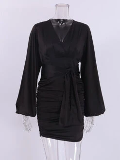 Mini Dresses Purple Long Sleeves Lace Up Polyester Short Dress -Dresses Store 202302081650215114859