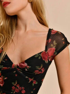 Bodycon Dresses Floral Print Black Sweetheart Neck Pleated Stretch Sexy Short Sleeves Pencil Dress -Dresses Store 202302201454456254108