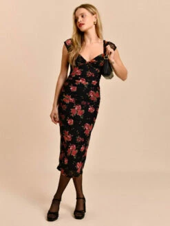 Bodycon Dresses Floral Print Black Sweetheart Neck Pleated Stretch Sexy Short Sleeves Pencil Dress