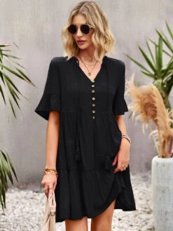 Shift Dresses Short Sleeves Casual Lace Up V-Neck Pink Tunic Dress -Dresses Store 202302211502030811362