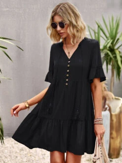 Shift Dresses Short Sleeves Casual Lace Up V-Neck Pink Tunic Dress -Dresses Store 20230221150204358407