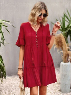 Shift Dresses Short Sleeves Casual Lace Up V-Neck Pink Tunic Dress -Dresses Store 202302211502047242716