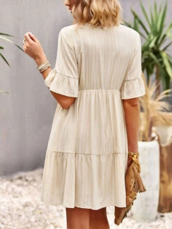 Shift Dresses Short Sleeves Casual Lace Up V-Neck Pink Tunic Dress -Dresses Store 202302211502056869312