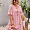 Shift Dresses Short Sleeves Casual Lace Up V-Neck Pink Tunic Dress -Dresses Store 202302211502060361120