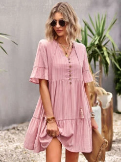 Shift Dresses Short Sleeves Casual Lace Up V-Neck Pink Tunic Dress