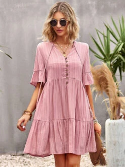 Shift Dresses Short Sleeves Casual Lace Up V-Neck Pink Tunic Dress -Dresses Store 202302211502071992821