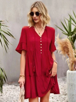 Shift Dresses Short Sleeves Casual Lace Up V-Neck Pink Tunic Dress -Dresses Store 202302211502075882341