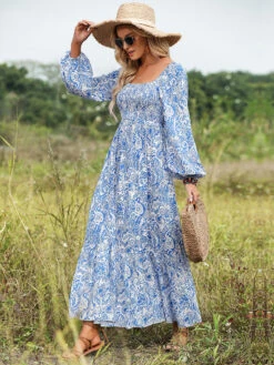Square Neck Maxi Dress Long Sleeves Casual Floral Print Long Dress -Dresses Store 202302221313518322166