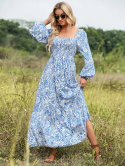 Square Neck Maxi Dress Long Sleeves Casual Floral Print Long Dress