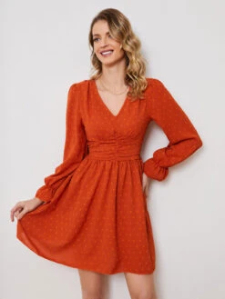 Mini Dresses Orange Red Long Sleeves Short Dress -Dresses Store 202302241600483709762