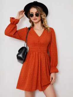 Mini Dresses Orange Red Long Sleeves Short Dress -Dresses Store 202302241600489918457