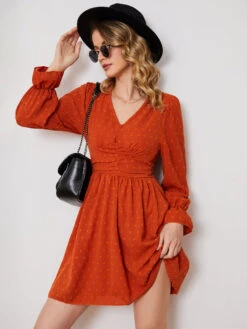 Mini Dresses Orange Red Long Sleeves Short Dress -Dresses Store 202302241600493067397