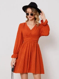 Mini Dresses Orange Red Long Sleeves Short Dress -Dresses Store 202302241600496909227