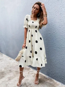 Polka Dot Square Neck Short Sleeves Midi Dress -Dresses Store 202303011514348318121