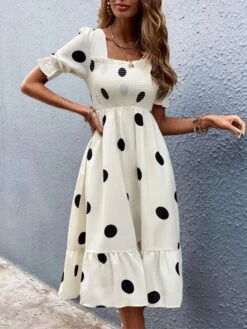 Polka Dot Square Neck Short Sleeves Midi Dress -Dresses Store 202303011514402641881