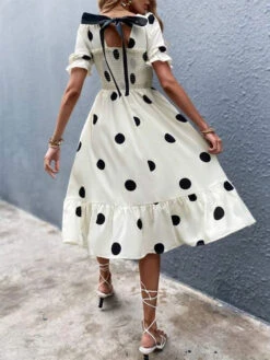 Polka Dot Square Neck Short Sleeves Midi Dress -Dresses Store 202303011514405676004