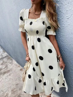 Polka Dot Square Neck Short Sleeves Midi Dress -Dresses Store 202303011514408644235