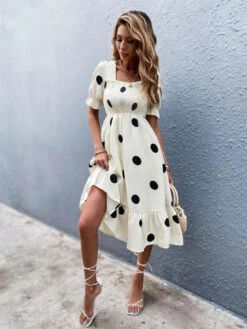 Polka Dot Square Neck Short Sleeves Midi Dress -Dresses Store 2023030115144116551