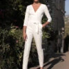 Ivory Bridal Jumpsuit Stretch Crepe Sash Ankle-Length A-Line V-Neck 3/4 Length Sleeves Wedding Jumpsuit -Dresses Store 202303101534494562240