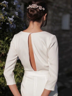 Ivory Bridal Jumpsuit Stretch Crepe Sash Ankle-Length A-Line V-Neck 3/4 Length Sleeves Wedding Jumpsuit -Dresses Store 202303101534512909108