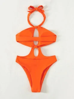 Monokini Swimsuits For Women Orange Red Cut Out Halter Backless Summer Beach Swimwear -Dresses Store 202303131434110768430
