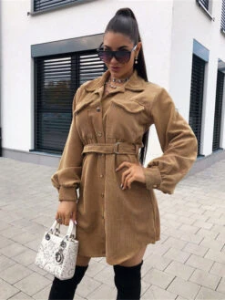Dresses Shirt Dresses Midi Dress Turndown Collar Sash Long Sleeves Corduroy