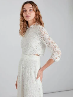 Ivory Two-piece Wedding Dress Lace Jewel Neck A-Line Tea-Length 3/4 Length Sleeves Bridal Dress -Dresses Store 202303162056268358968