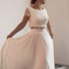 Ivory Two-piece Wedding Dress Jewel Neck A-Line With Train Buttons Short Sleeves Bridal Dress -Dresses Store 202303162057310745371