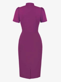 Bodycon Dresses Purple Short Sleeves Bows Classic Turndown Collar Slim Fit Dress Sheath Dress -Dresses Store 20230321113101354833