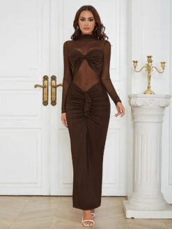 Maxi Dress High Collar Long Sleeves Sexy Layered Pleated Floor Length Dress -Dresses Store 202303211131241551766