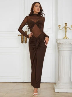 Maxi Dress High Collar Long Sleeves Sexy Layered Pleated Floor Length Dress -Dresses Store 202303211131244577342