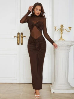 Maxi Dress High Collar Long Sleeves Sexy Layered Pleated Floor Length Dress -Dresses Store 202303211131249796540