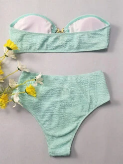 Women Bikini Swimsuit Mint Green Metal Details Strapless Raised Waist Summer Beach Swimwear -Dresses Store 202303231528162274419