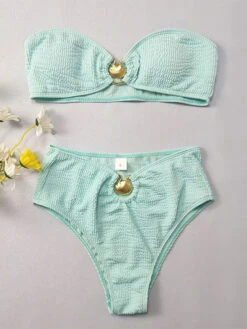 Women Bikini Swimsuit Mint Green Metal Details Strapless Raised Waist Summer Beach Swimwear -Dresses Store 202303231528165397908