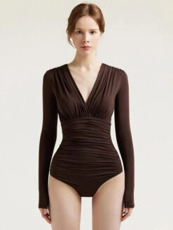 Women One Piece Swimsuits Apricot Pleated V-Neck Raised Waist Summer Beach Swimming Suits -Dresses Store 202303231552352791502