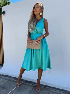 Party Dresses Aqua Sleeveless Semi Formal Midi Dress -Dresses Store 202303271452068429502