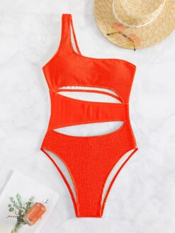Women Monokini Swimsuits Orange Red One-Shoulder Asymmetrical Summer Sexy Swimming Suits -Dresses Store 202303281111201603718