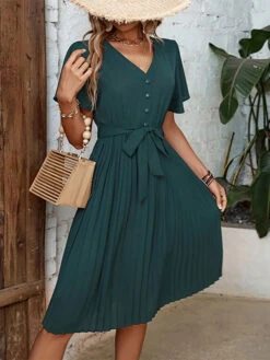 V-Neck Short Sleeves Midi Dress