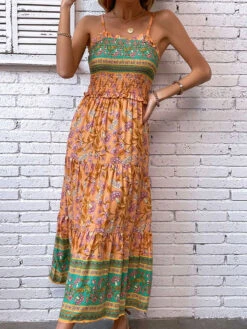 Floral Print Bohemian Sleeveless Midi Dress -Dresses Store 202303301207136054531