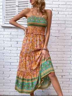 Floral Print Bohemian Sleeveless Midi Dress -Dresses Store 202303301207139461412
